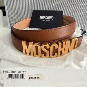 Moschino Brown Leather Belt with Gold MOSCHINO Logo Buckle